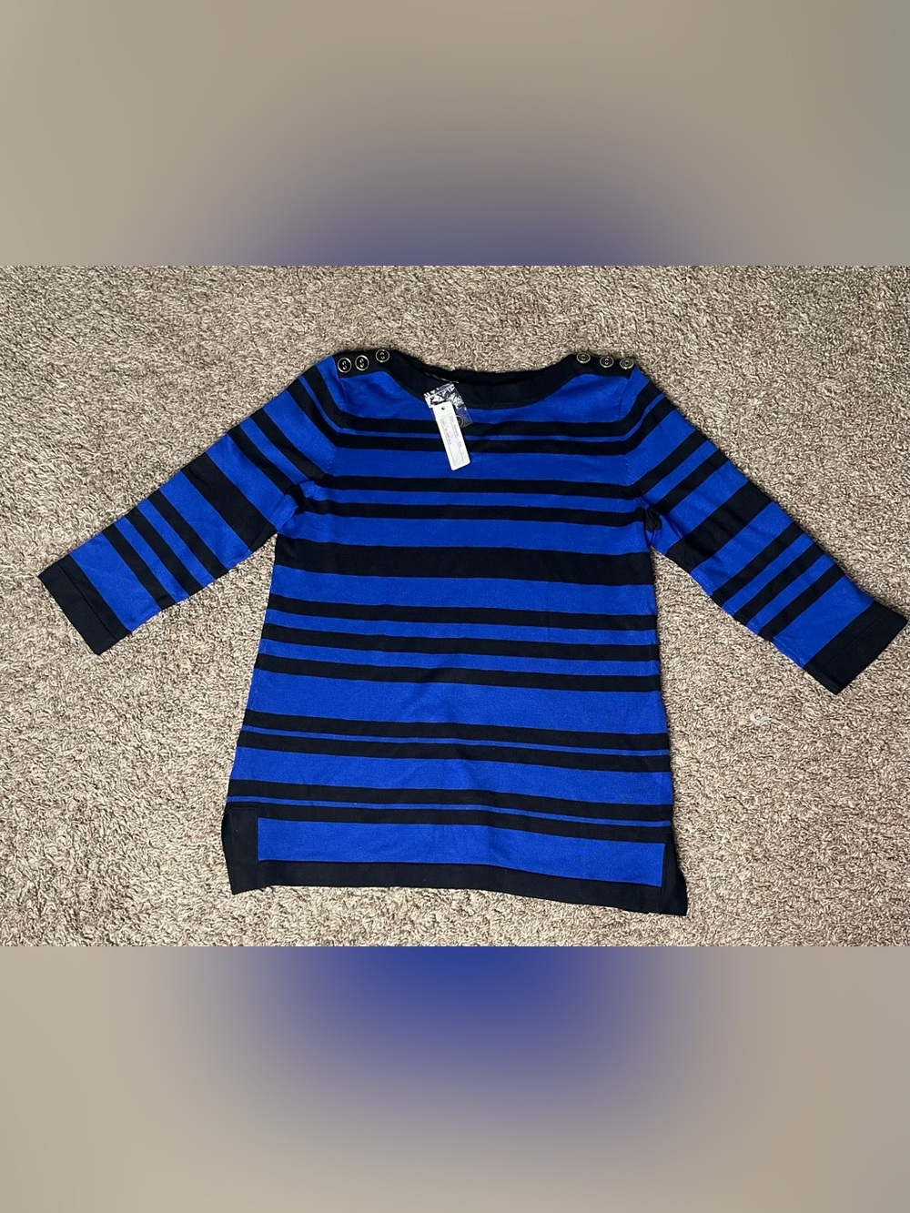 Women’s Spense Blue & Black Striped Knit Top with Button Shoulders NWT Size L